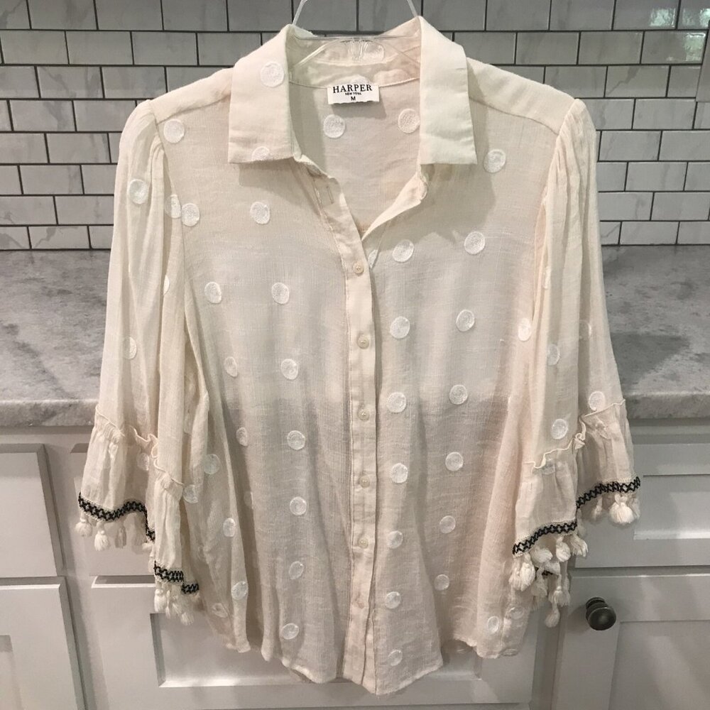 Harper Blouse Button Up Shirt‎ Womens Ivory Cream Beachy Bohemian Summer Hippie